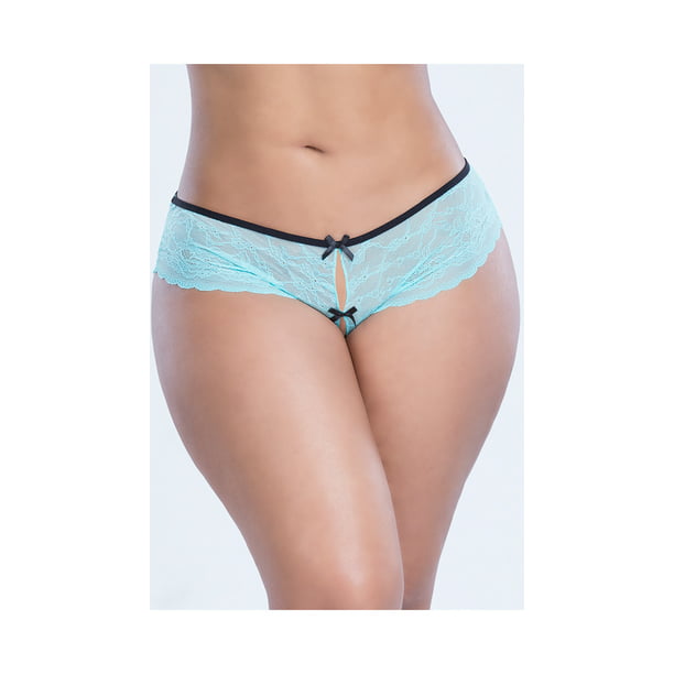 STRETCH LACE BLUE OPEN CROTCH SHORT PANTY WITH SATIN BOW DETAIL Size 1X-4X